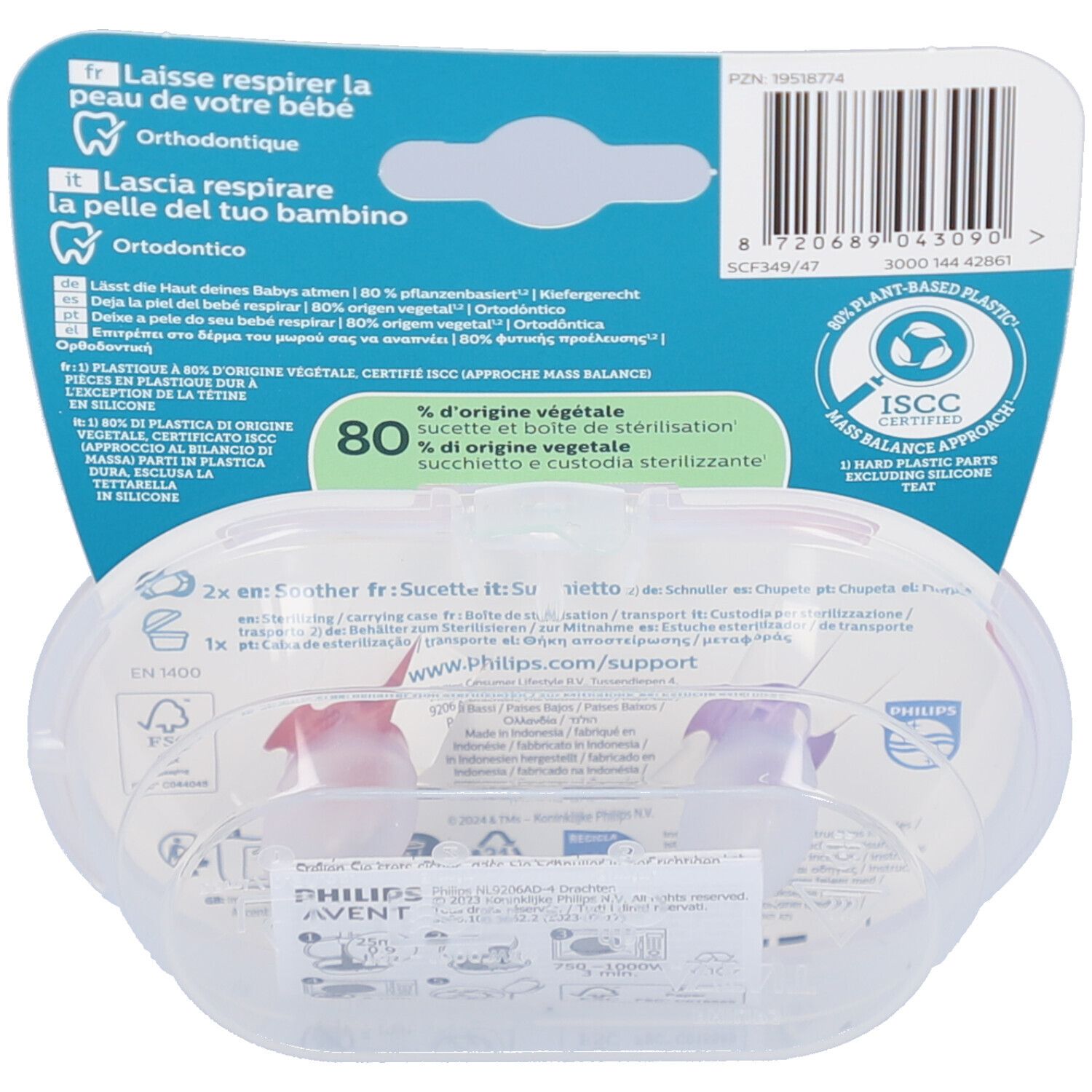 Rückseite der Verpackung mit Produktinformationen und Zertifizierungen. Enthält Text in mehreren Sprachen und das Markenlogo.