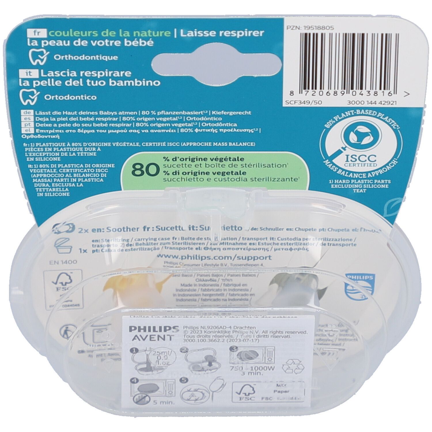 Rückseite der Verpackung mit Produktinformationen. Enthält Logos, Text in mehreren Sprachen und eine Abbildung der Schnuller.