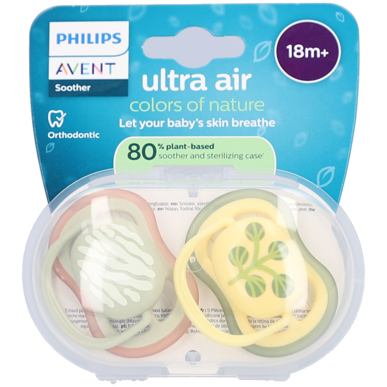 Zwei Schnuller in einer transparenten Box. Verpackung mit Produktnamen und Altersangabe. Orthodontisch.