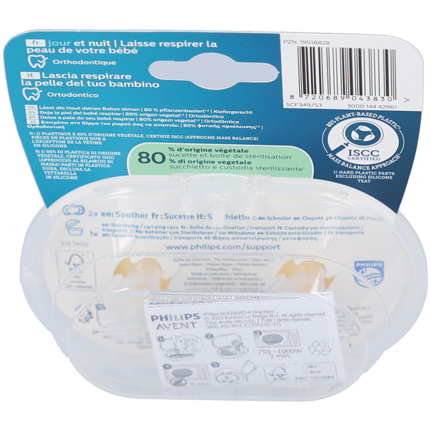 Rückseite der Verpackung mit Produktinformationen. Transparente Box mit zwei Schnullern. Text in mehreren Sprachen.