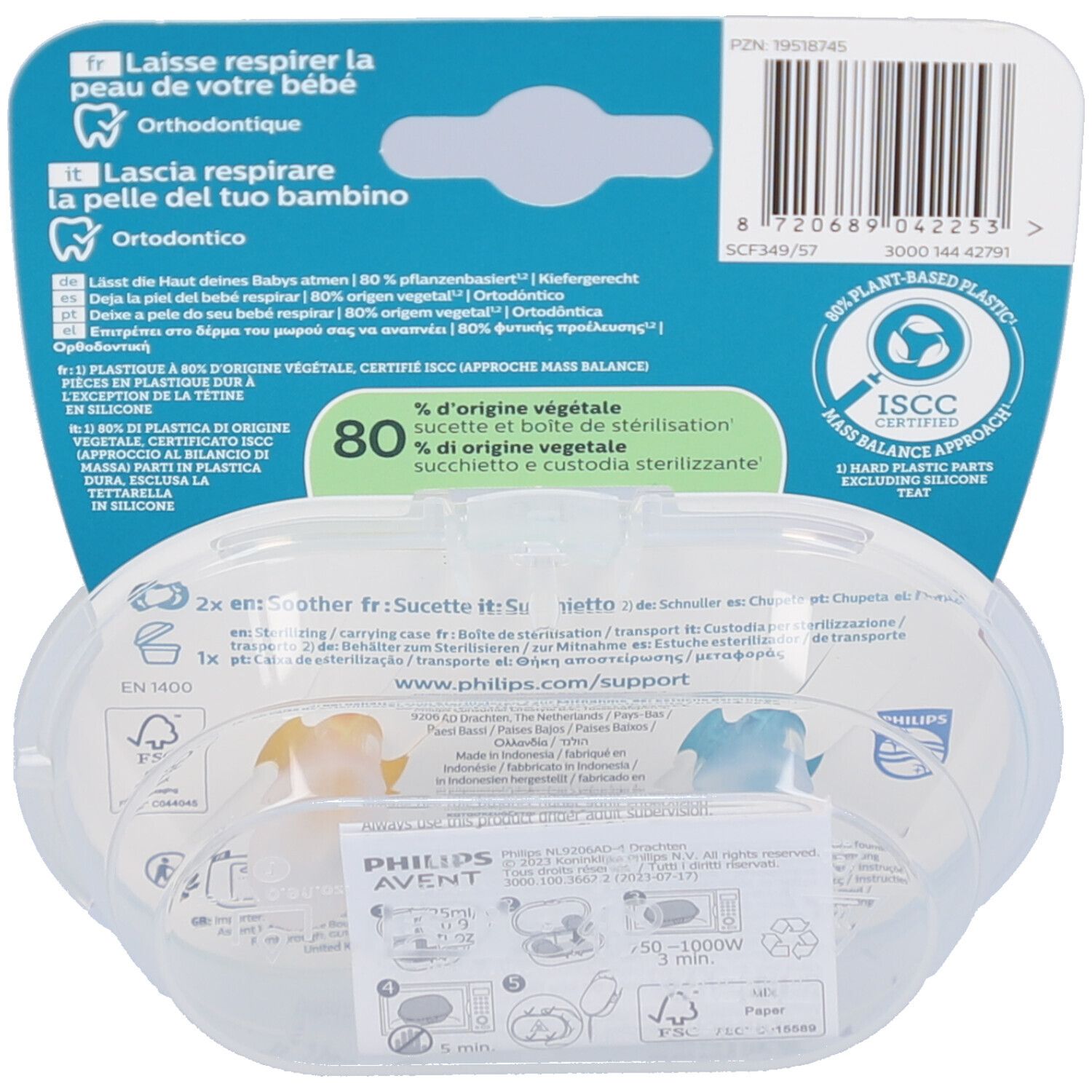 Rückseite der Verpackung mit Produktinformationen und Zertifizierungen. Transparente Hülle mit zwei Schnullern.