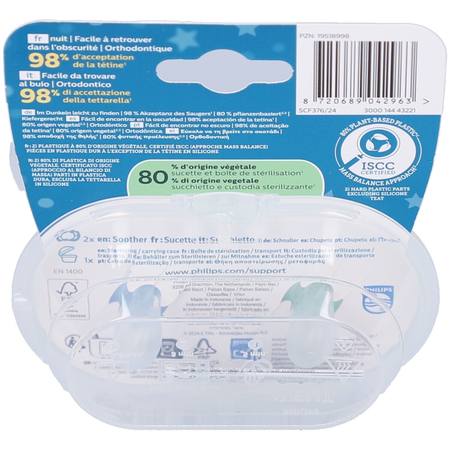 Dos de l'emballage avec informations produit, code-barres et logo. Boîte de rangement transparente avec deux sucettes.