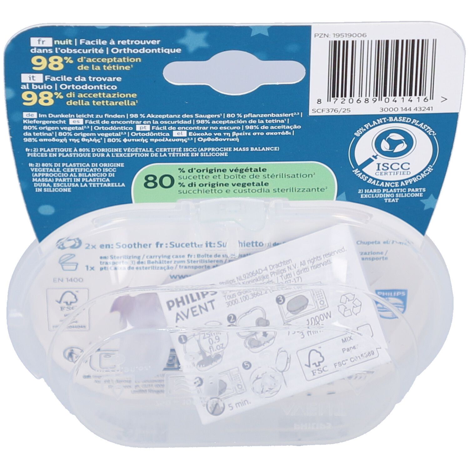 Rückseite der Verpackung mit Produktinformationen. Aufschrift: Philips Avent, 98% Akzeptanz, 80% pflanzliche Materialien.