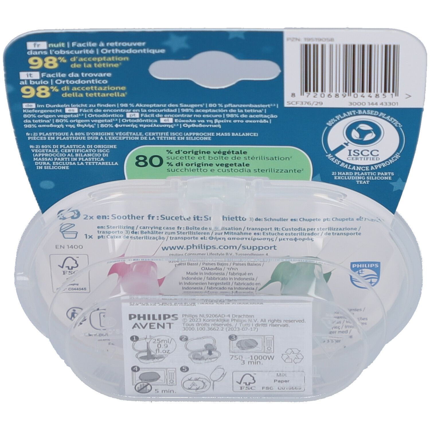 Dos de l'emballage avec informations produit et code-barres. Contient des informations sur les matériaux et les certifications.