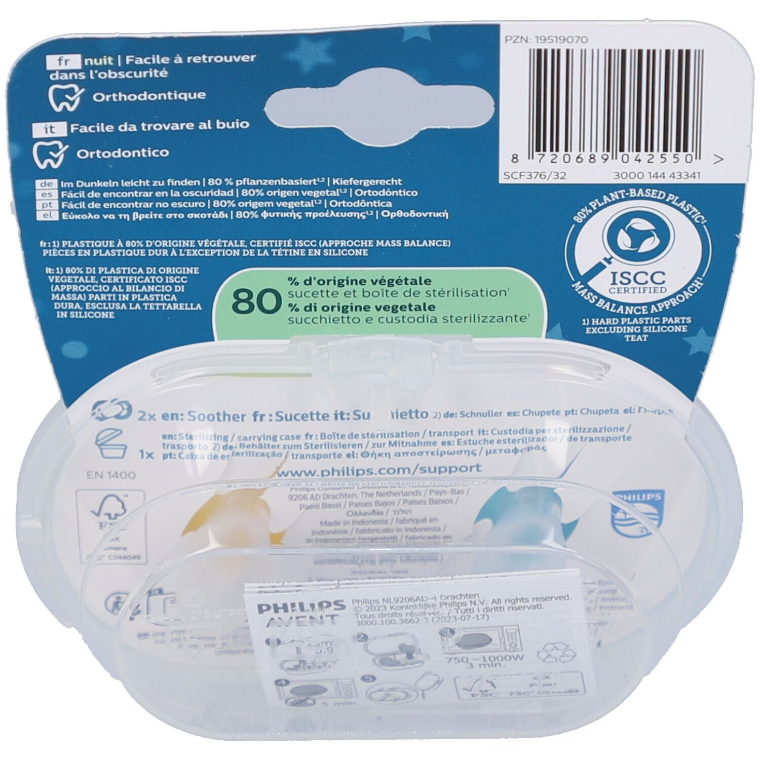 Rückseite der Verpackung mit Text und Barcode. Zertifizierungen und Logos. Transparente Box mit zwei Schnullern.