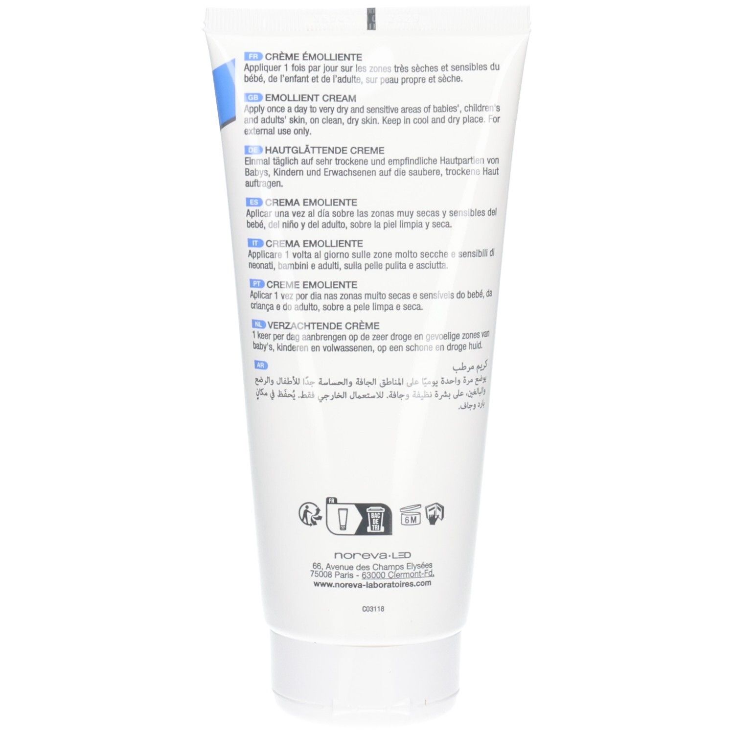 Rückseite der Tube Noreva Xerodiane Cera+ Emollient Cream mit Anwendungshinweisen.