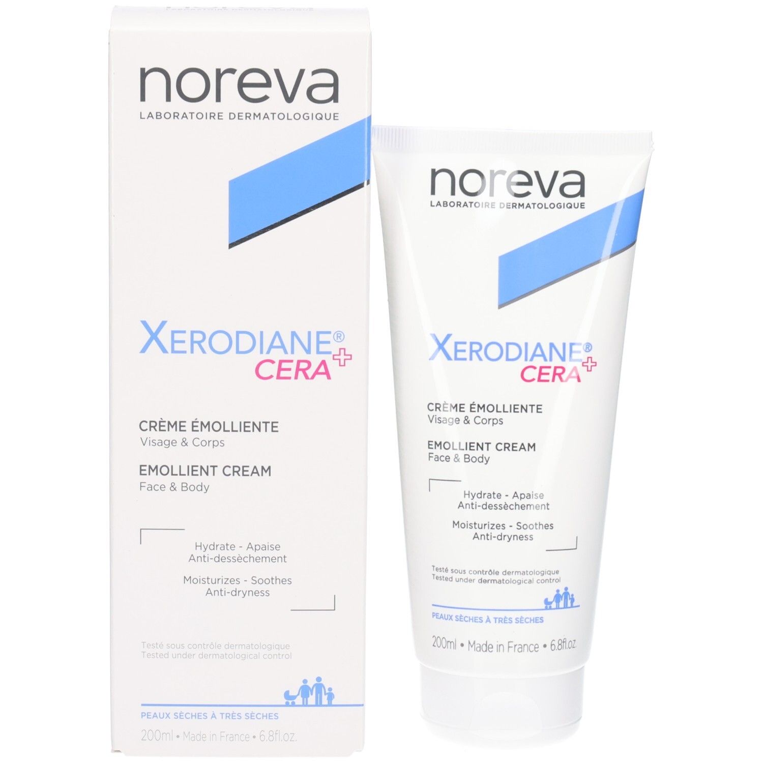 Noreva Xerodiane Cera+ Emollient Cream Tube und Faltschachtel.