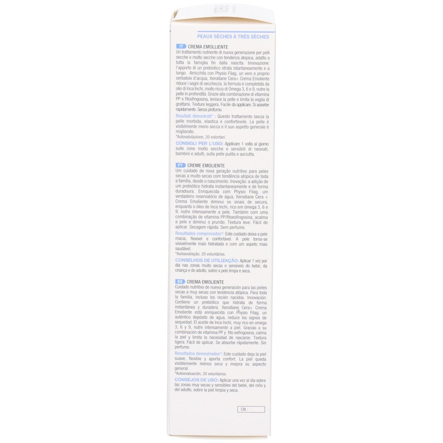 Seite der Faltschachtel Noreva Xerodiane Cera+ mit Produktinformationen.