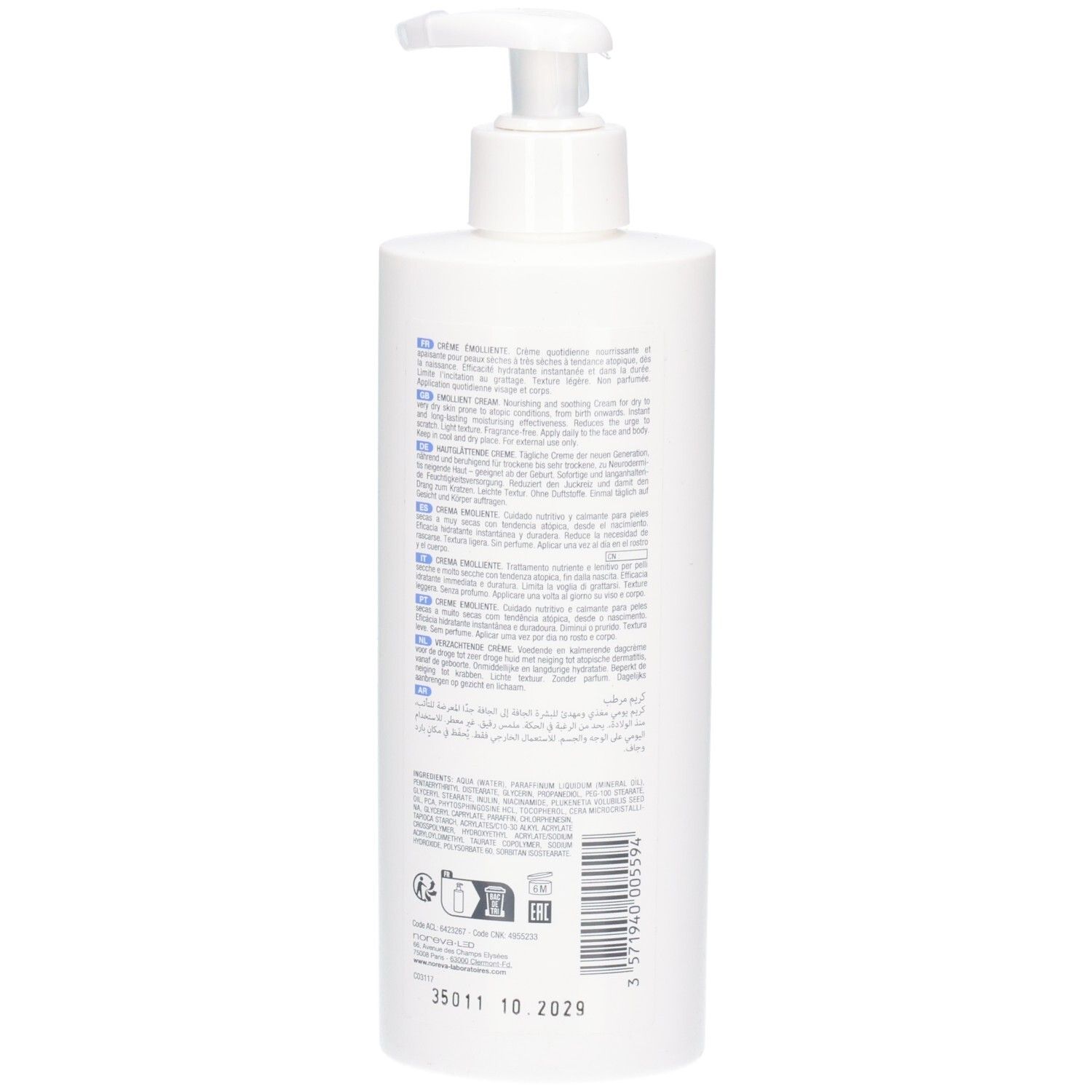Rückseite einer weißen Flasche mit Pumpspender, Noreva Xerodiane Cera+ Emollient Cream, mit Anwendungshinweisen.