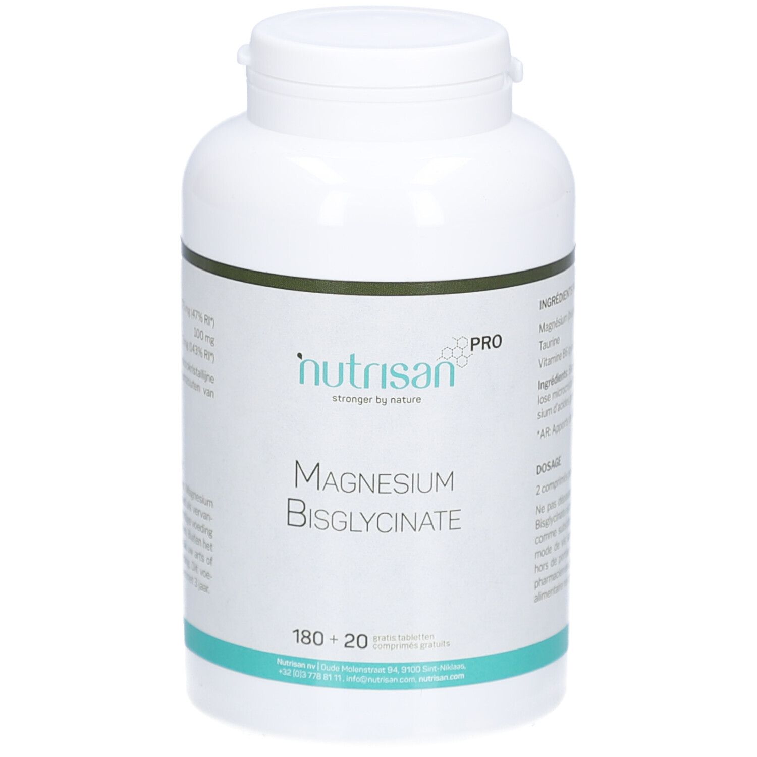 Weiße Flasche mit grünem Streifen. Aufschrift: Nutrisan Magnesium Bisglycinate, 180+20 Tabletten.