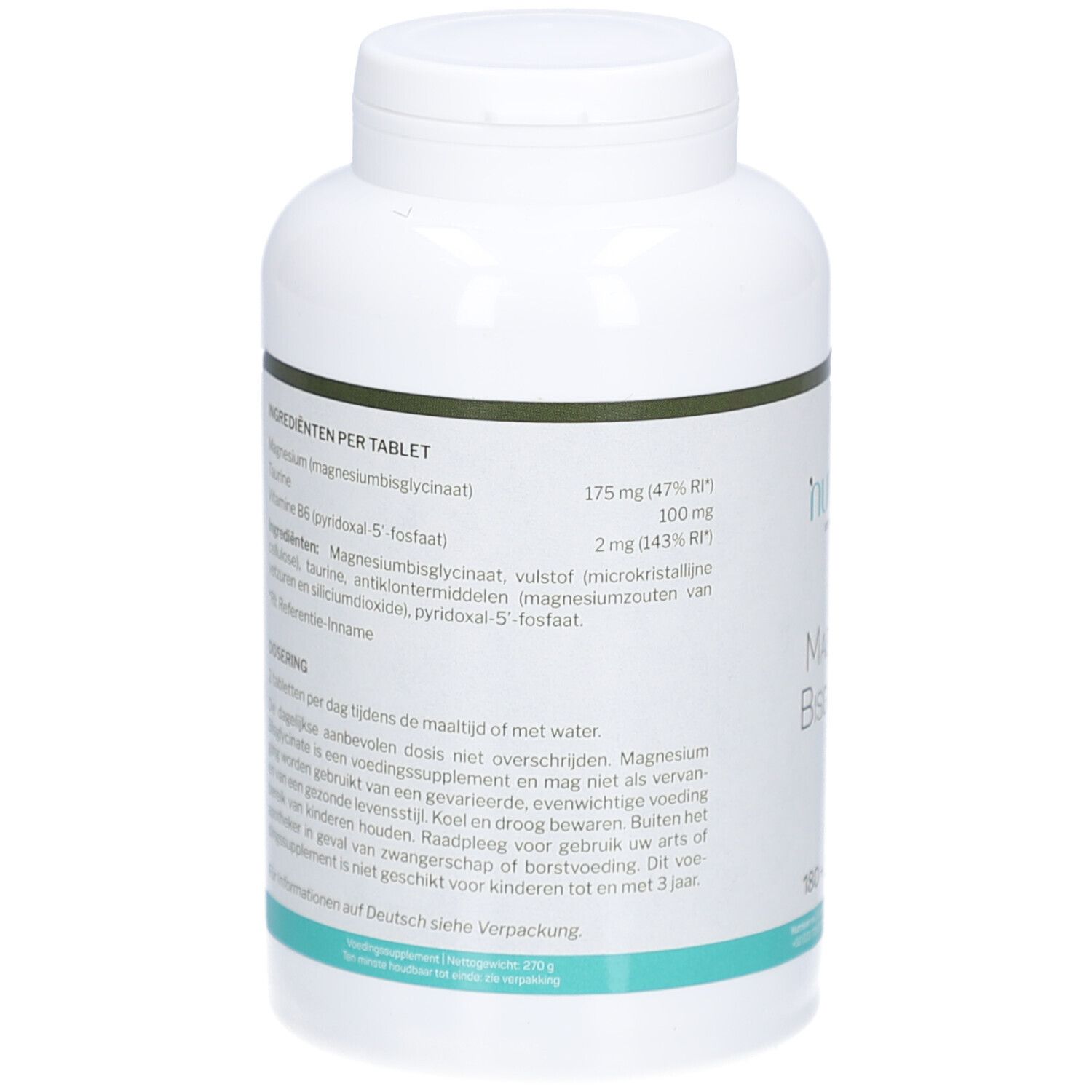 Rückseite der weißen Flasche. Text mit Inhaltsstoffen und Dosierung. Grün-weiße Beschriftung.