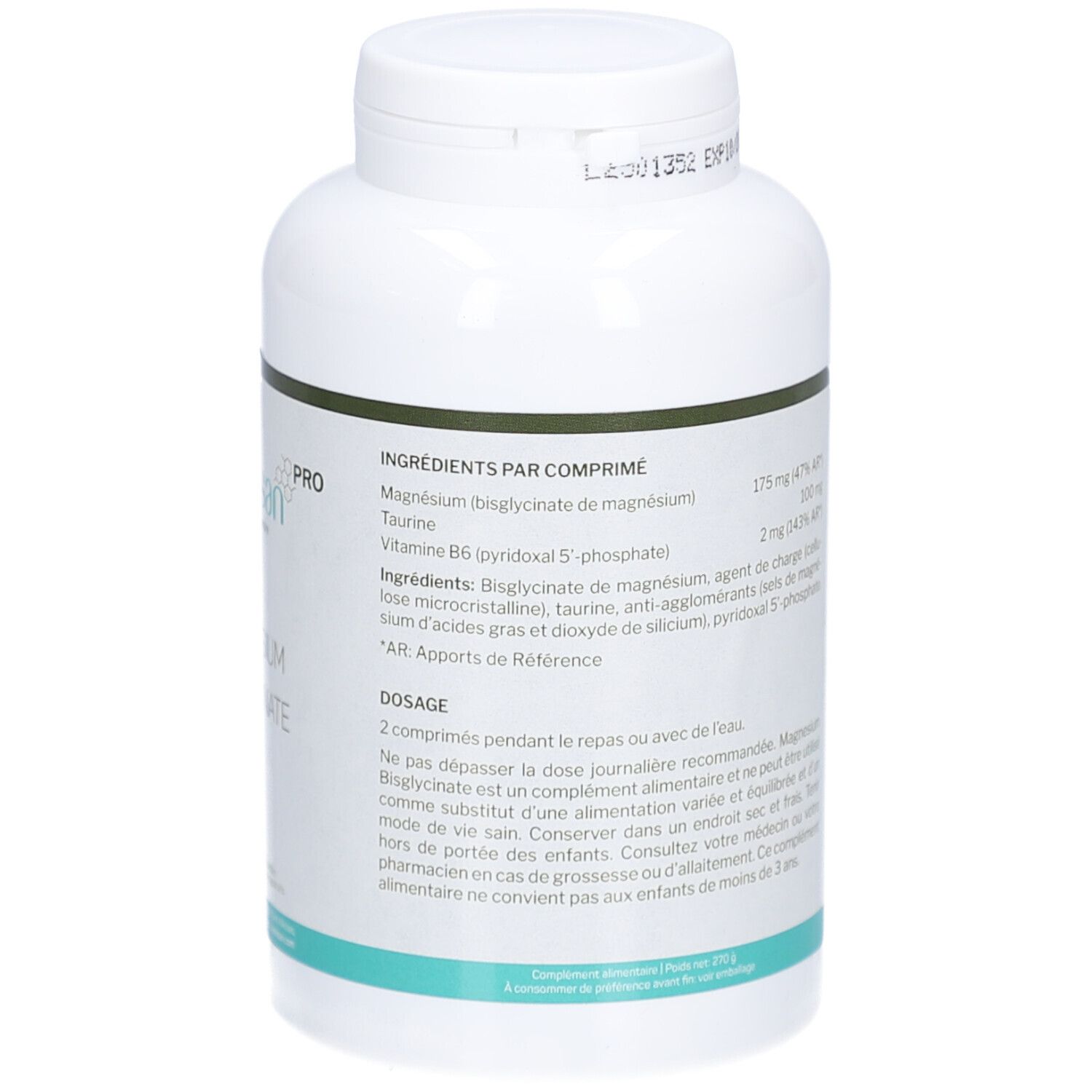 Rückseite der weißen Flasche. Text mit Inhaltsstoffen und Dosierung. Grün-weiße Beschriftung.