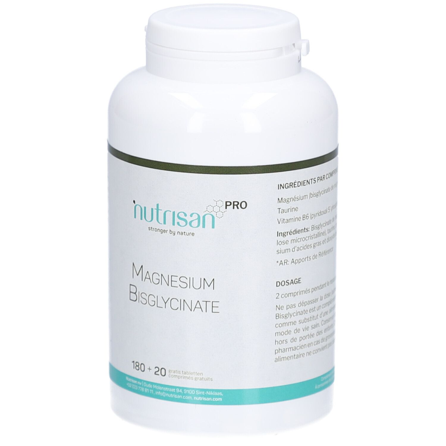 Weiße Flasche mit grünem Streifen. Aufschrift: Nutrisan Magnesium Bisglycinate, 180+20 Tabletten.
