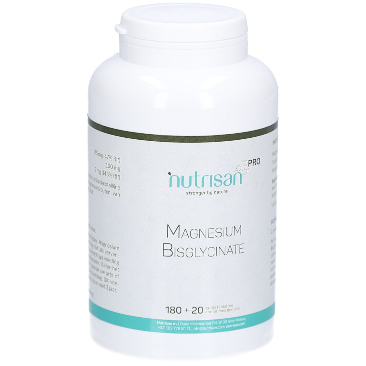 Weiße Flasche mit grünem Streifen. Aufschrift: Nutrisan Magnesium Bisglycinate, 180+20 Tabletten.