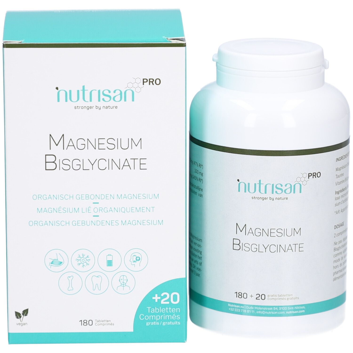 Produktverpackung und Flasche. Aufschrift: Nutrisan Magnesium Bisglycinate, 180+20 Tabletten. Grün-weiß.