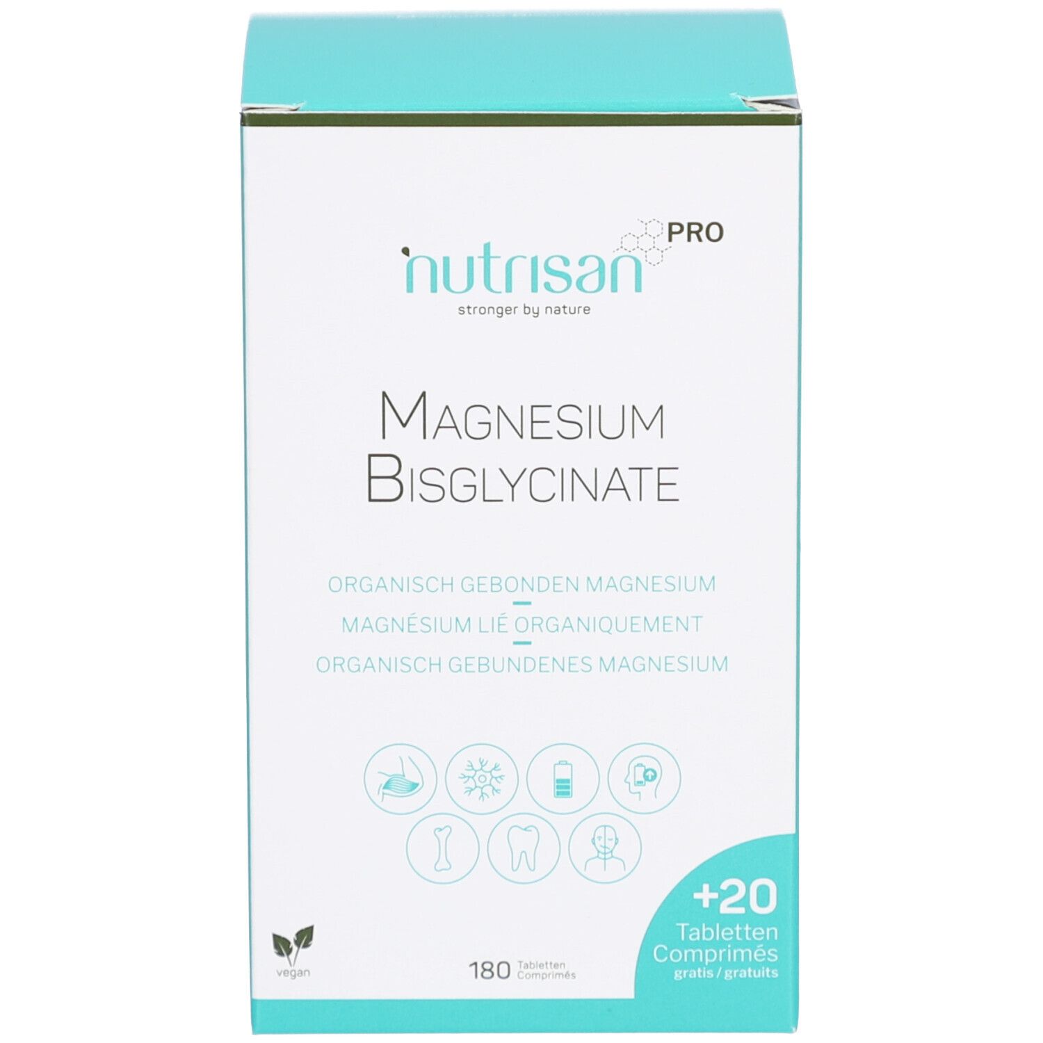 Produktverpackung. Aufschrift: Nutrisan Magnesium Bisglycinate, 180+20 Tabletten. Grün-weiß.