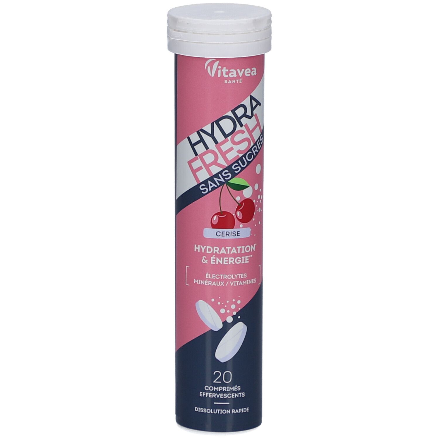Tube de HydraFresh Cerise. Design rose et blanc avec cerises et texte. Contient 20 comprimés effervescents. Marque Vitavea.