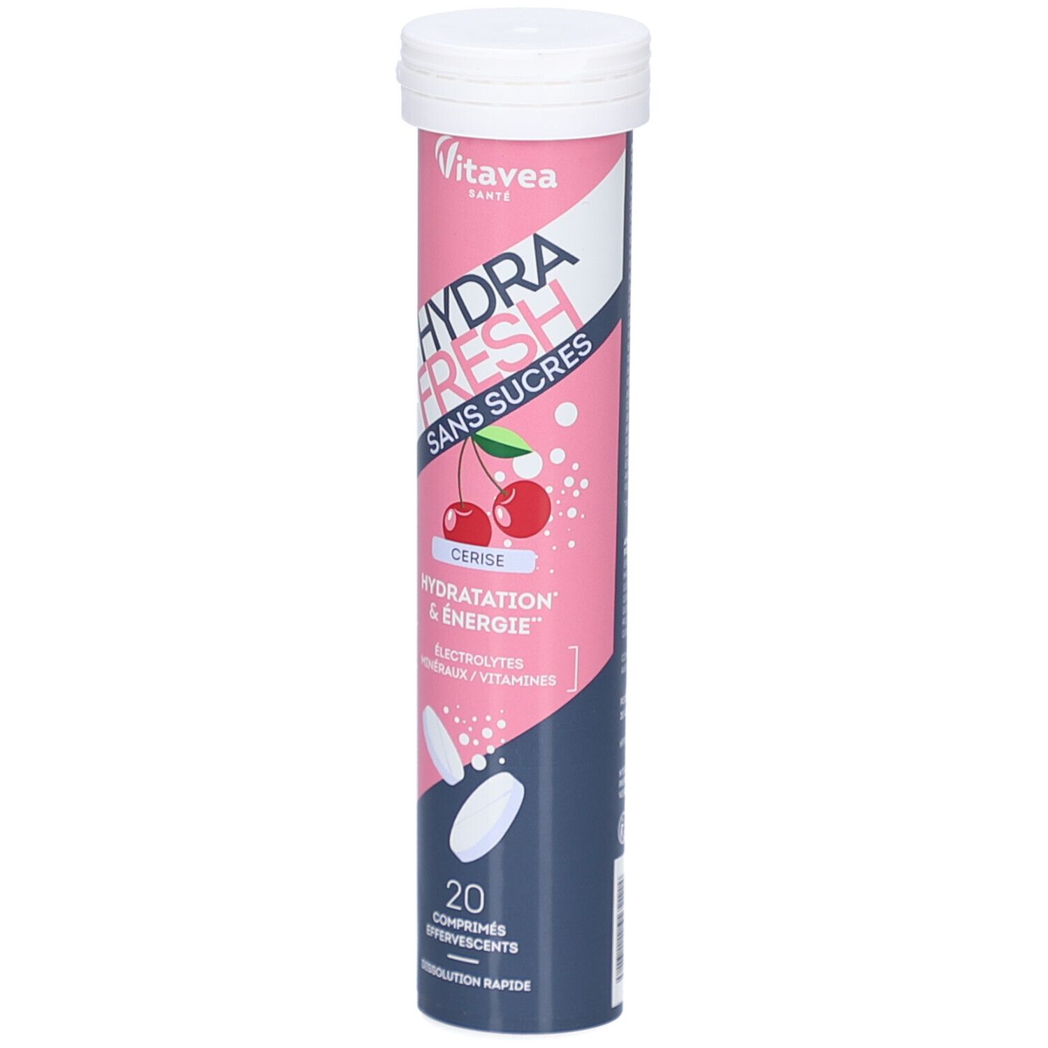 Tube de HydraFresh Cerise. Design rose et blanc avec cerises et texte. Contient 20 comprimés effervescents. Marque Vitavea.