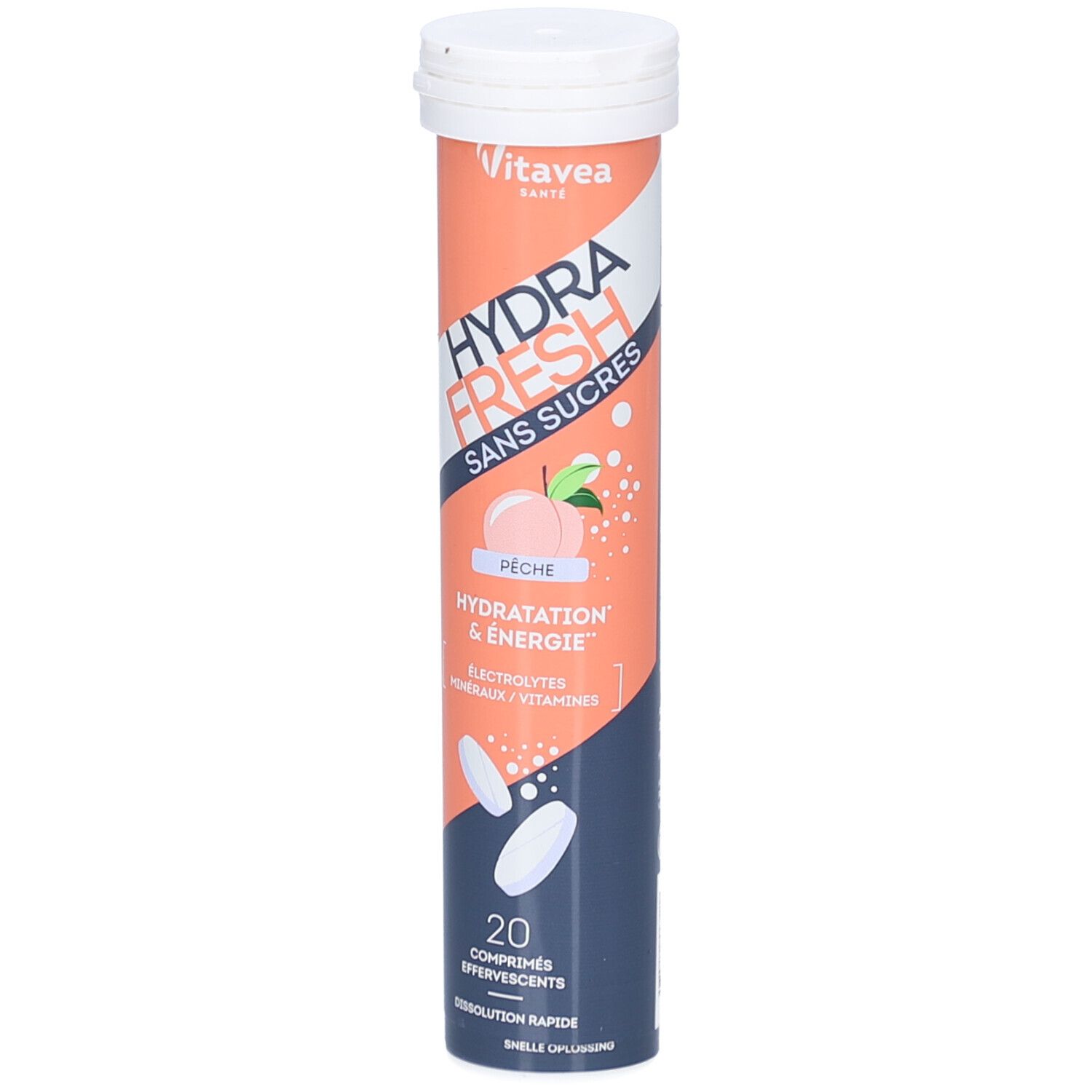 Zylindrische Tube mit Brausetabletten. Aufschrift: HYDRA FRESH, Pfirsich, 20 Tabletten. Marke: Vitae. Weiße Kappe.