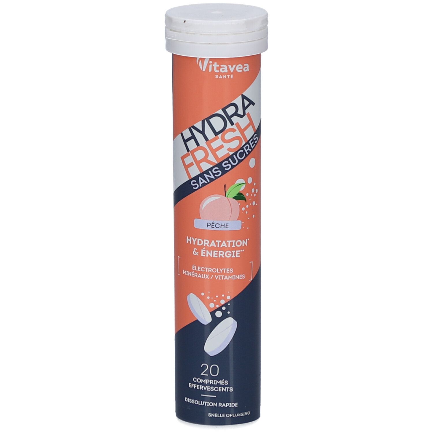 Zylindrische Tube mit Brausetabletten. Aufschrift: HYDRA FRESH, Pfirsich, 20 Tabletten. Marke: Vitae. Weiße Kappe.