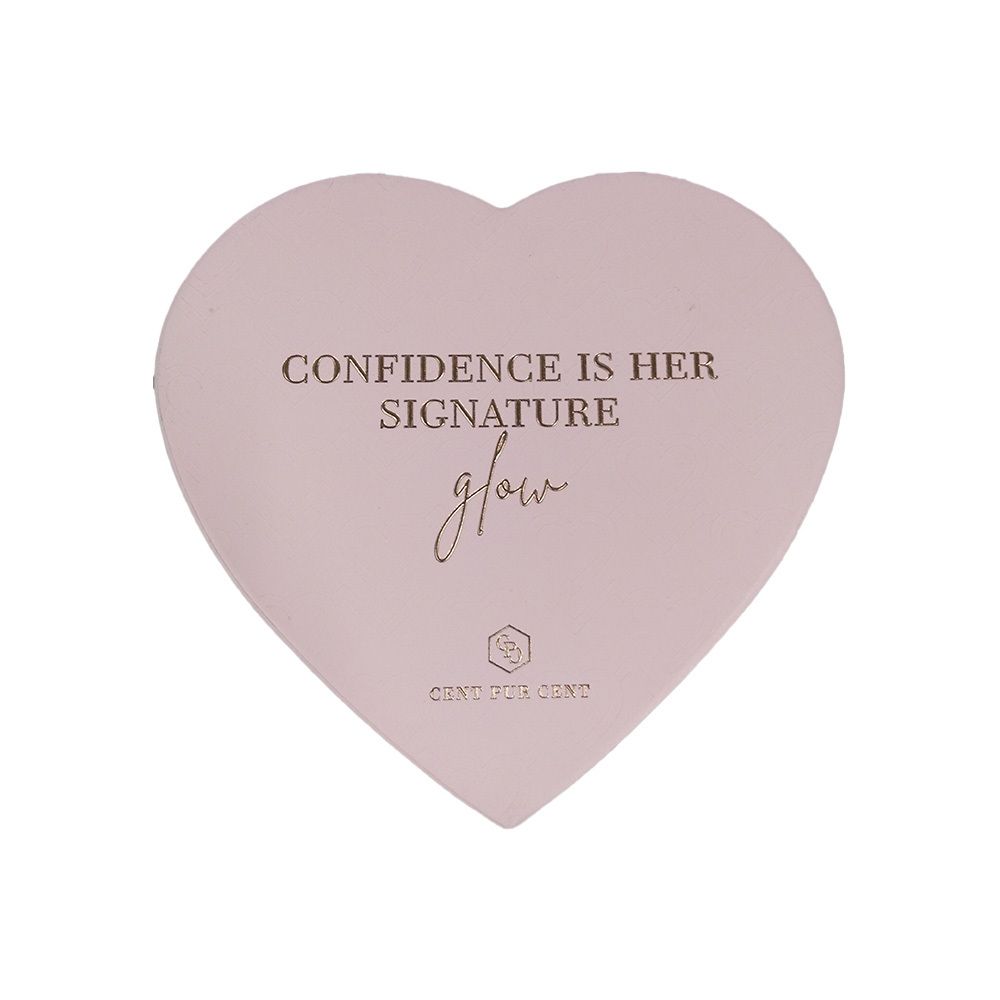 Herzförmige, rosa Schachtel. Aufschrift: "CONFIDENCE IS HER SIGNATURE glow". Marke: Cent Pur Cent.