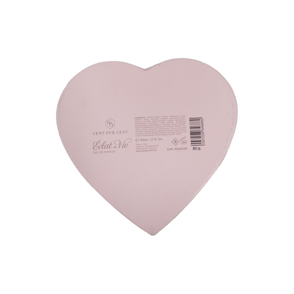 Rückseite einer herzförmigen, rosa Schachtel. Text und Barcode. Marke: Cent Pur Cent, Éclat Vie.