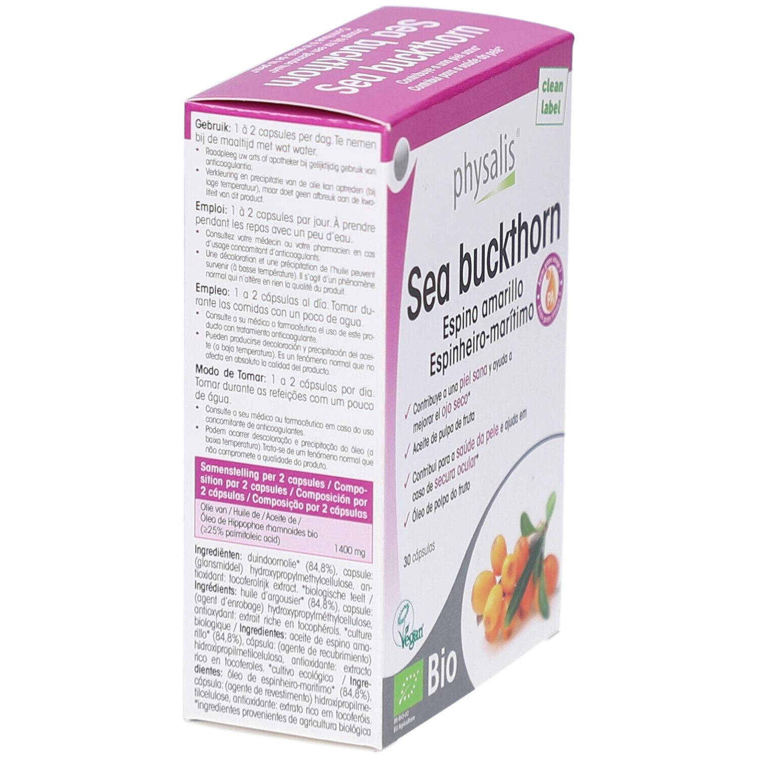 Verpackung "Physalis Sea buckthorn Bio". Text in Niederländisch. 30 Kapseln. Bio-Siegel und Vegan-Logo. Sanddorn-Abbildung.