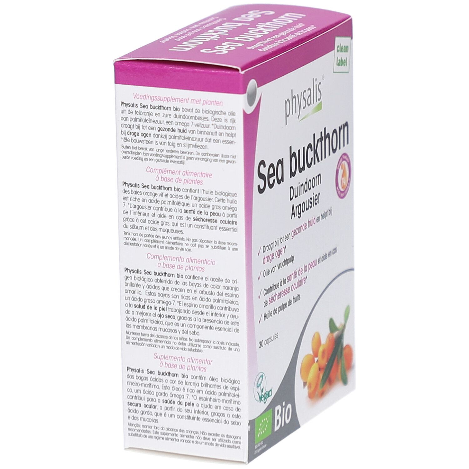 Verpackung "Physalis Sea buckthorn Bio". Text in mehreren Sprachen. 30 Kapseln. Bio-Siegel und Vegan-Logo. Sanddorn-Abbildung.