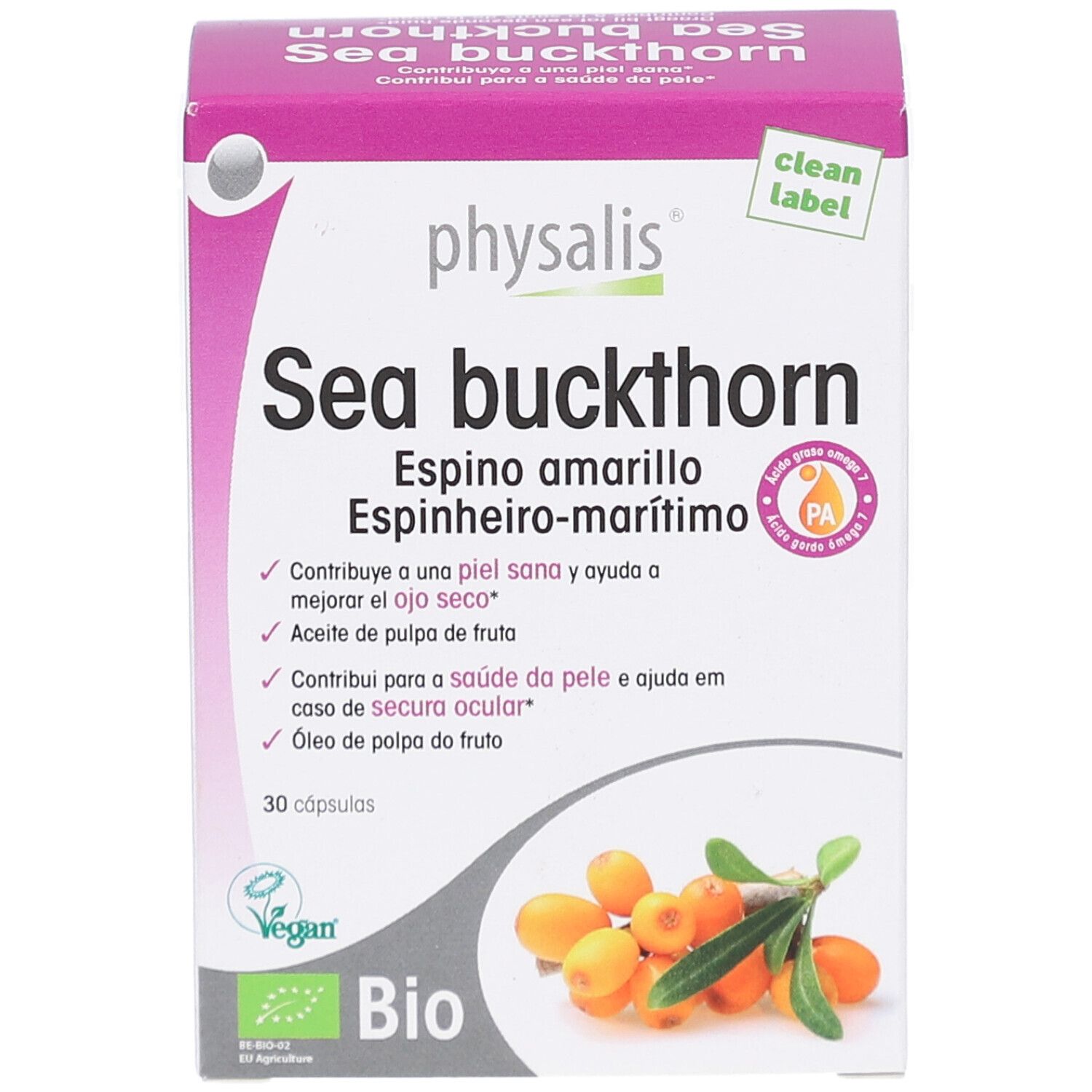 Verpackung "Physalis Sea buckthorn Bio" mit 30 Kapseln. Bio-Siegel und Vegan-Logo. Abbildung von Sanddorn-Früchten und Blättern.