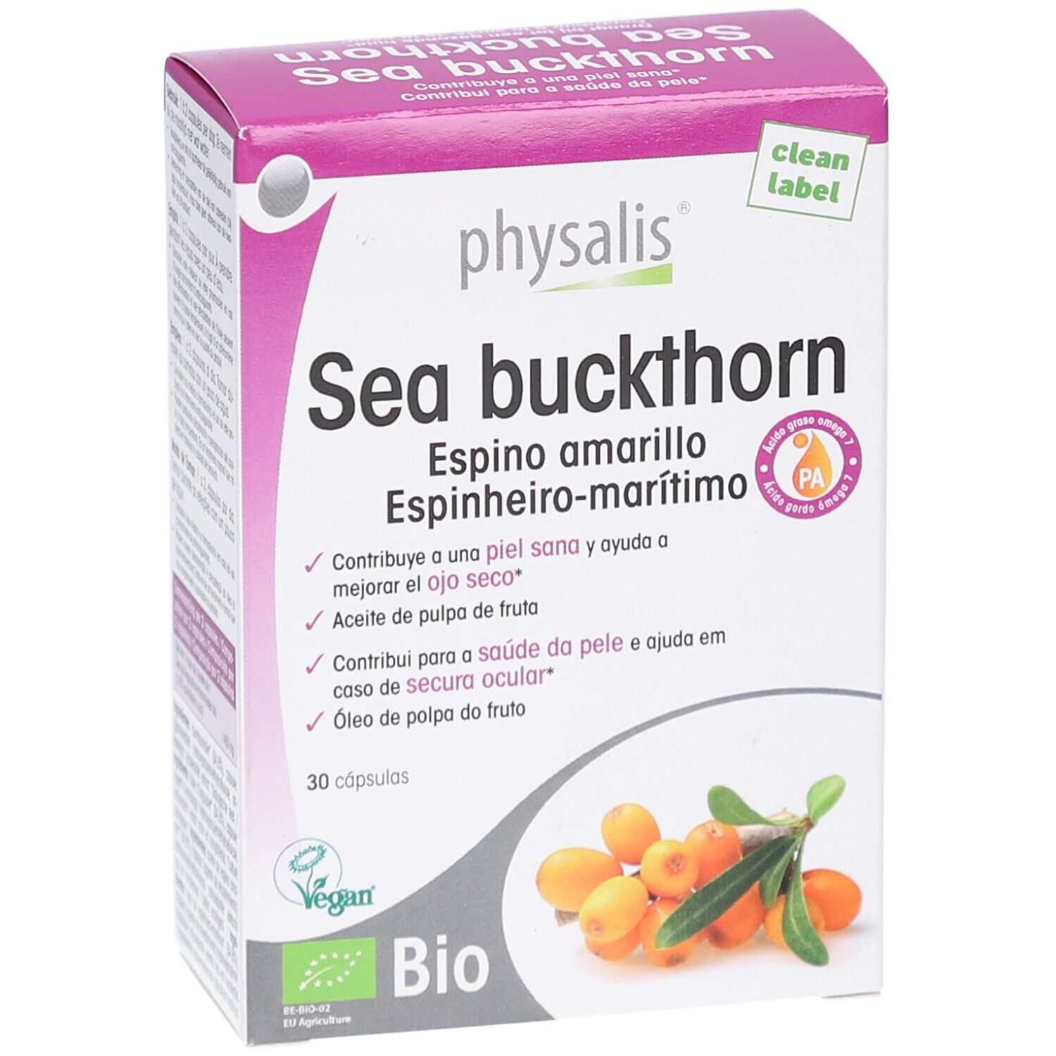 Verpackung "Physalis Sea buckthorn Bio" mit 30 Kapseln. Bio-Siegel und Vegan-Logo. Abbildung von Sanddorn-Früchten und Blättern.