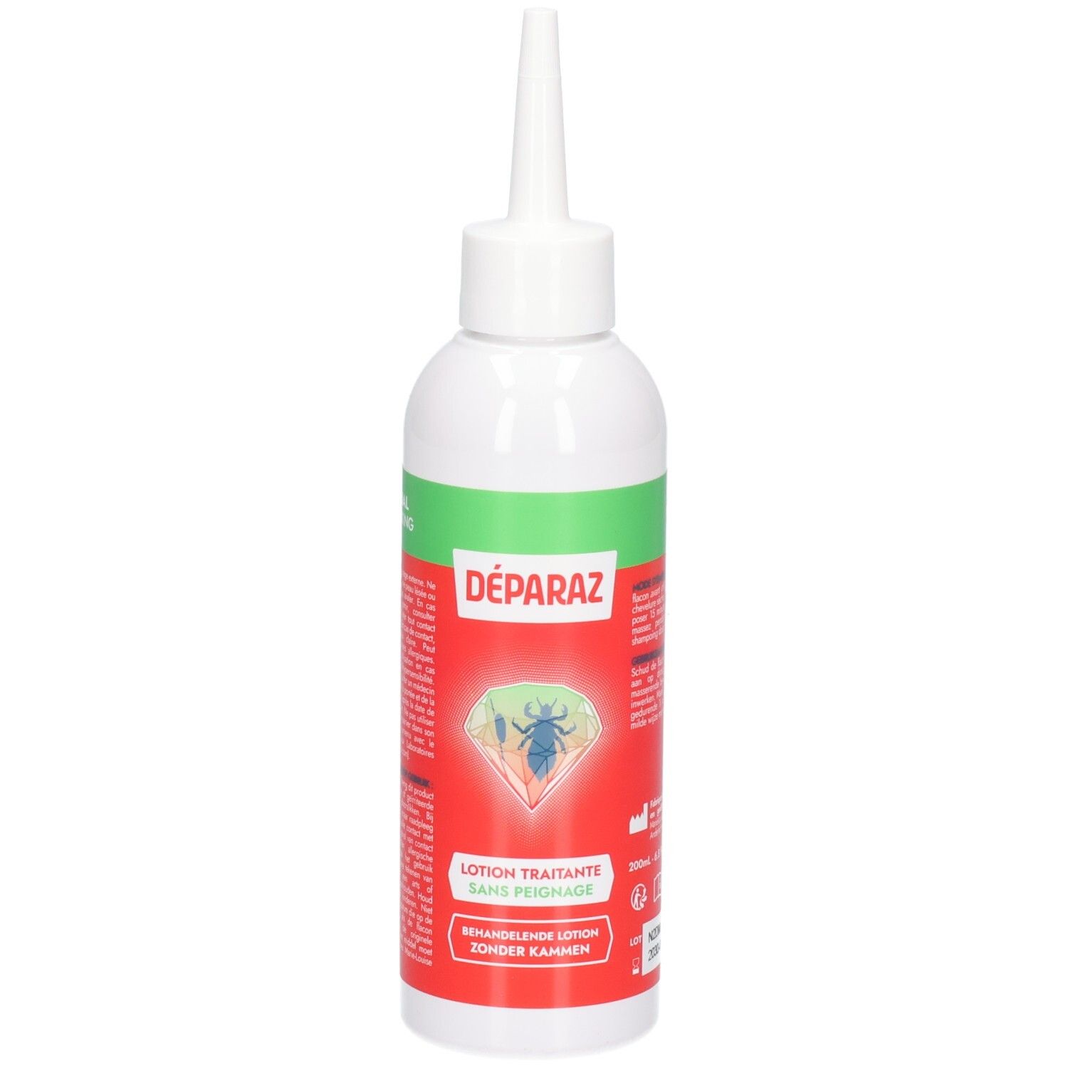 DÉPARAZ Lotion: Weiße Flasche mit rotem Etikett, das eine Laus zeigt. Grüne Banderole oben.