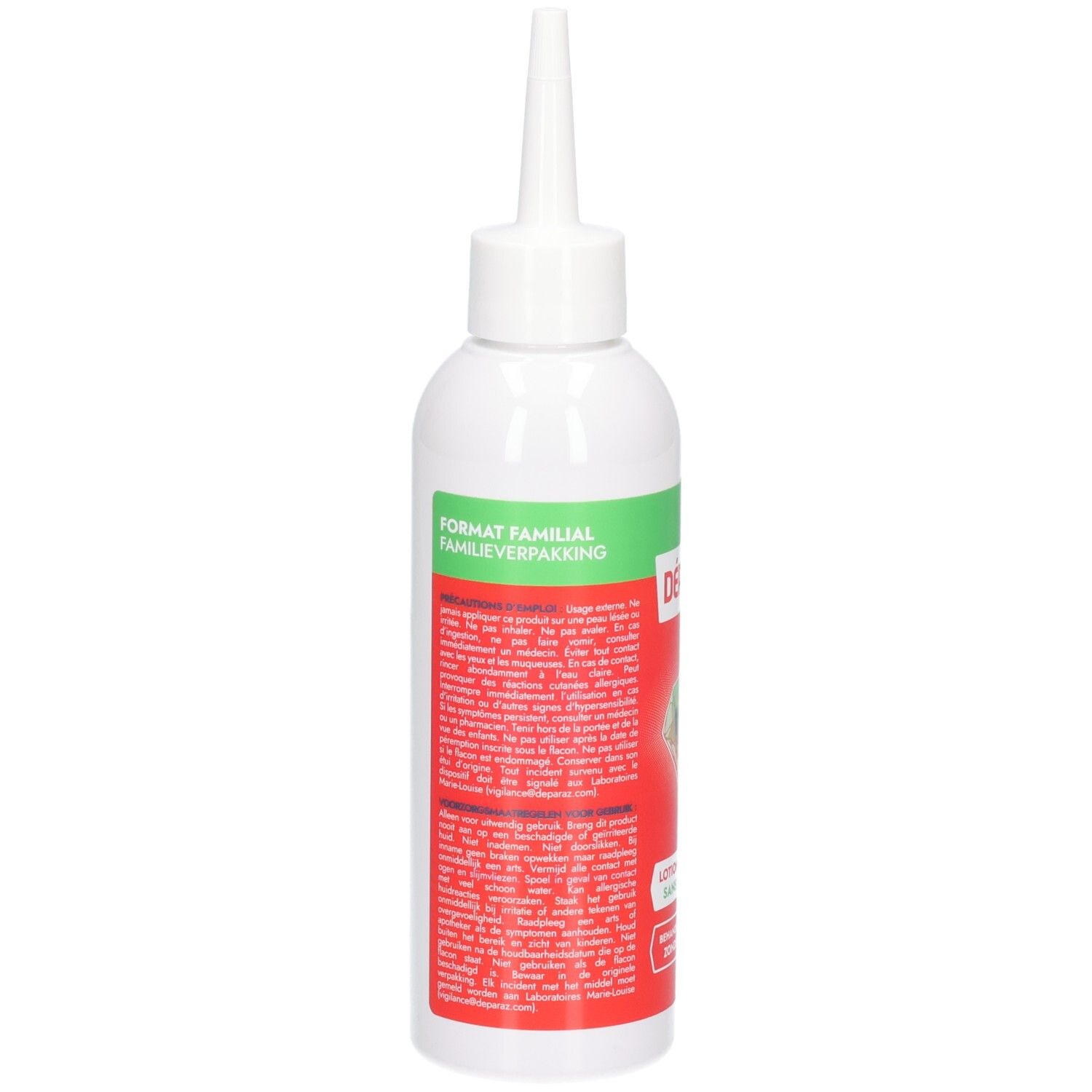 Rückseite der DÉPARAZ Lotion Flasche mit detaillierten Anwendungshinweisen und Produktinformationen.