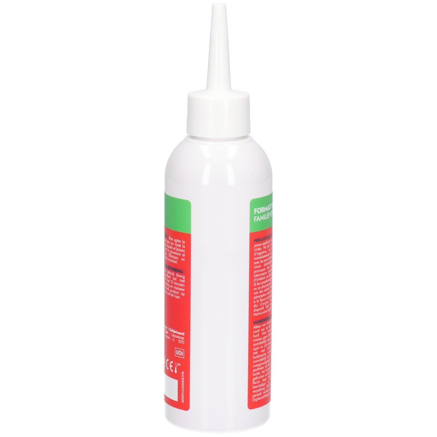 Seitenansicht der DÉPARAZ Lotion Flasche, weiß mit rotem Etikett und grüner Banderole.