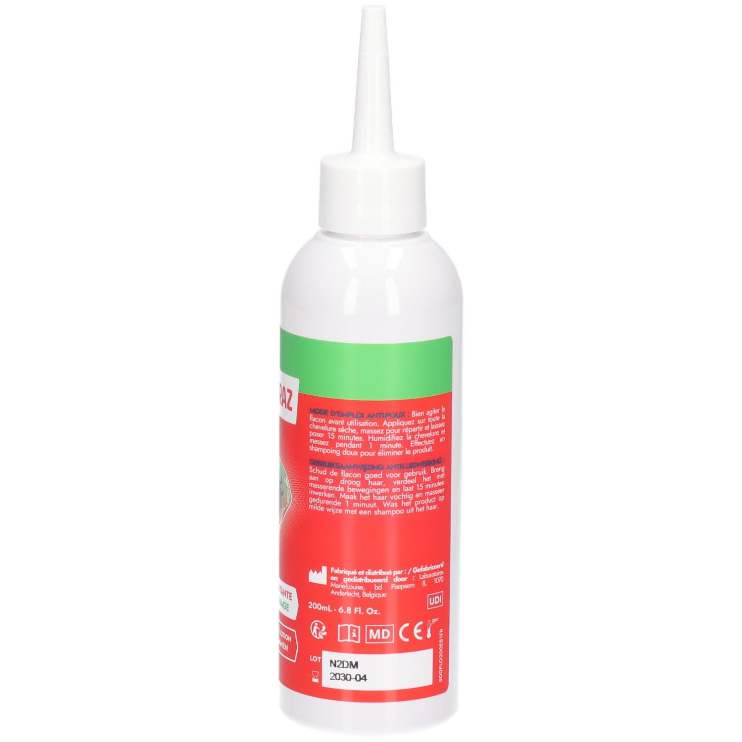 DÉPARAZ Lotion Flasche mit CE- und MD-Zeichen sowie Chargennummer auf dem Etikett.