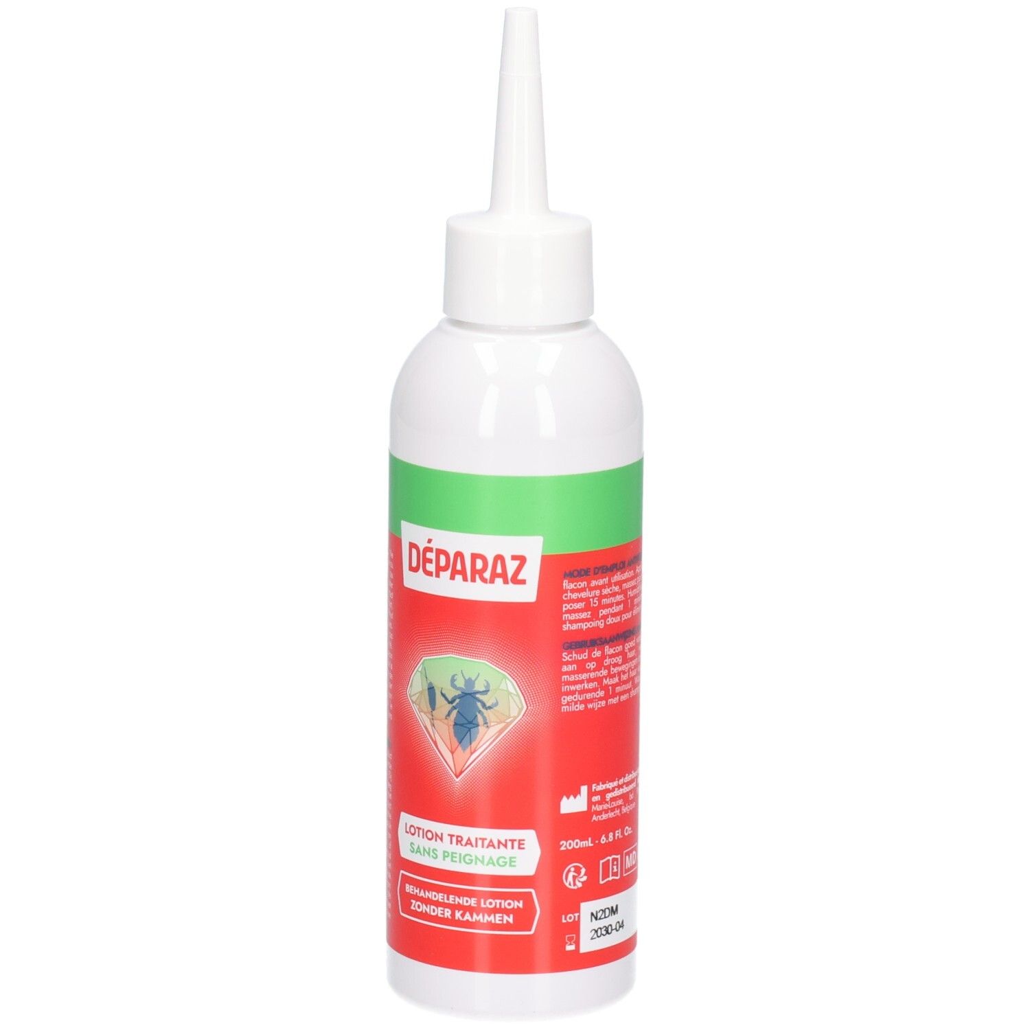 DÉPARAZ Lotion: Weiße Flasche mit rotem Etikett, das eine Laus zeigt. Grüne Banderole oben.