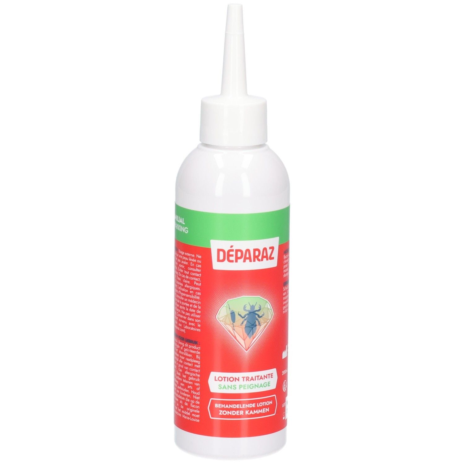 DÉPARAZ Lotion: Weiße Flasche mit rotem Etikett, das eine Laus zeigt. Grüne Banderole oben.