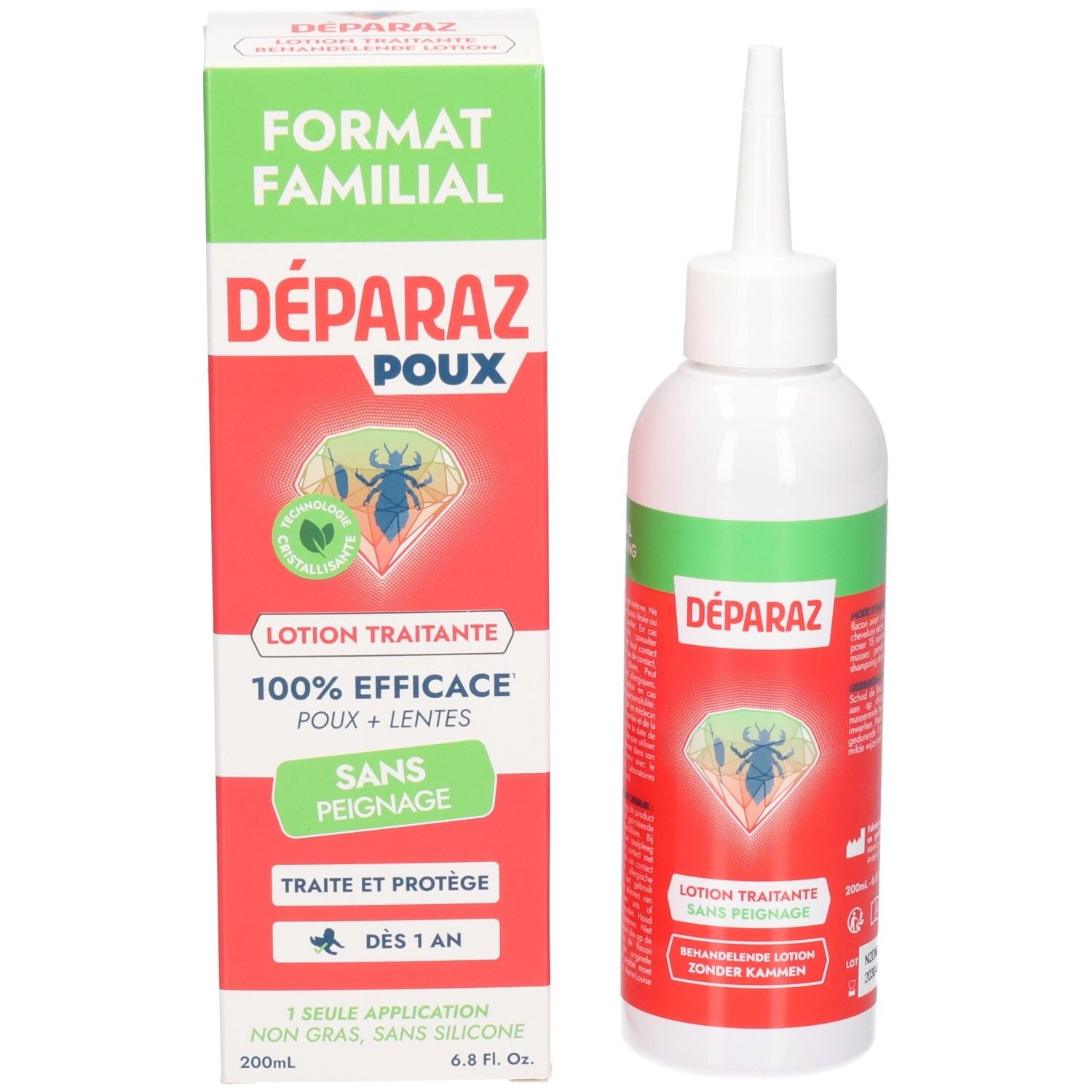DÉPARAZ Lotion und Verpackung: Flasche und Karton zeigen eine Laus und Produktinformationen.