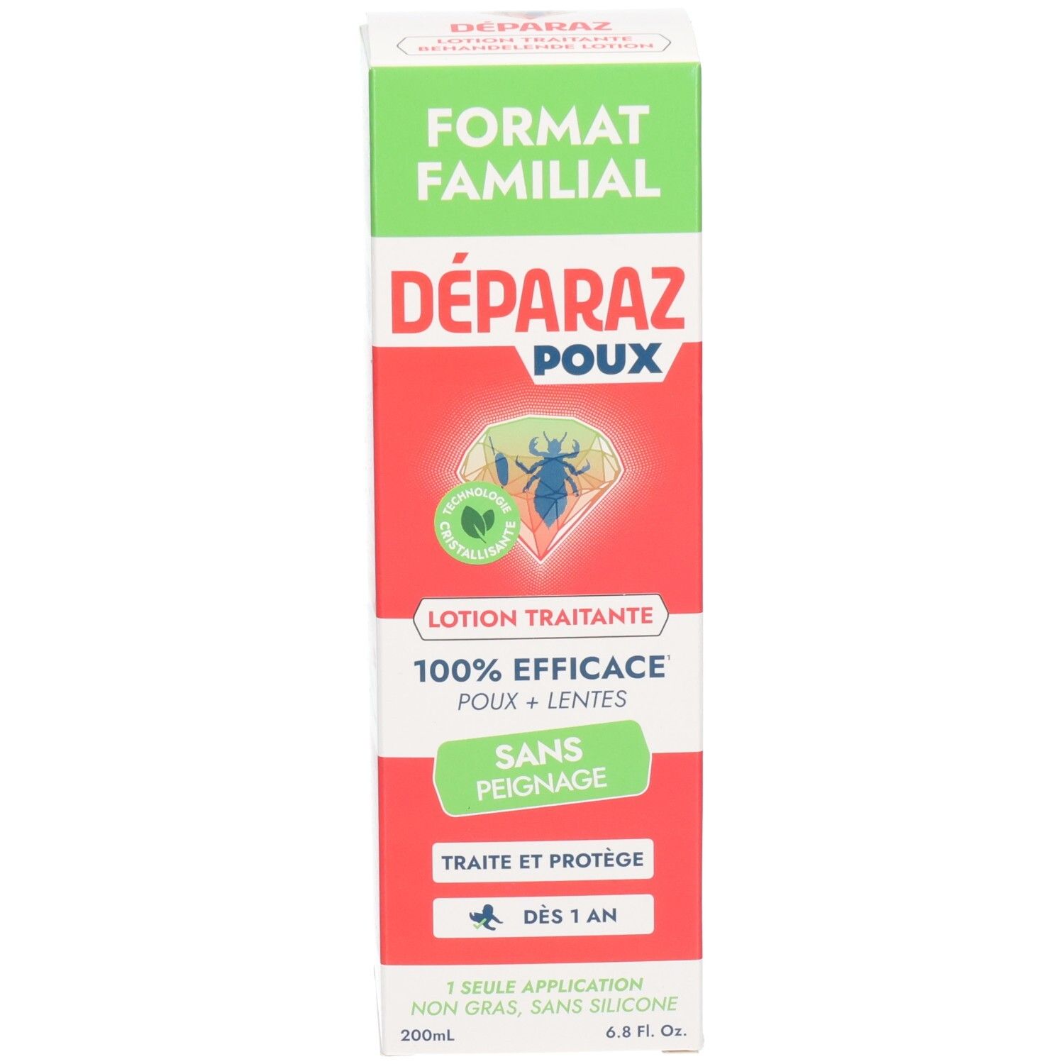 DÉPARAZ Poux Verpackung: Karton mit grüner Banderole 'Format Familial' und Produktbild.