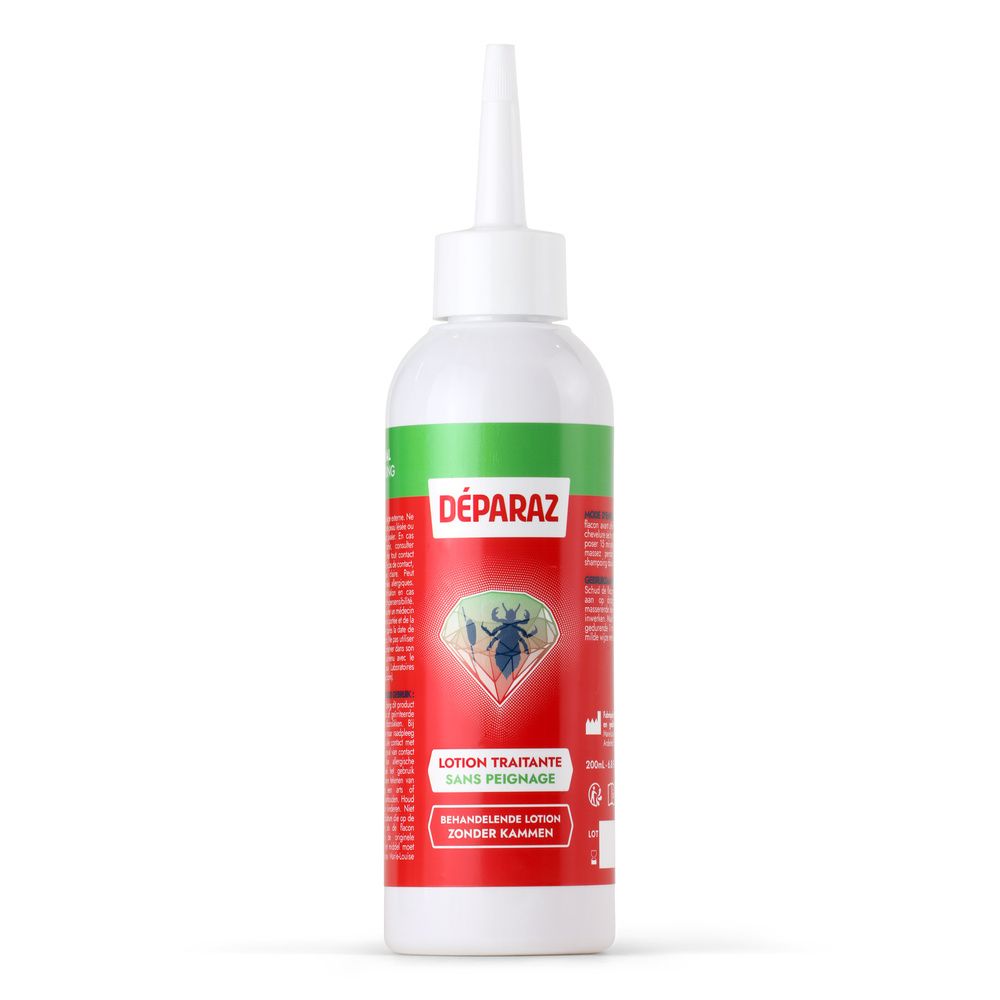 Déparaz behandelnde Lotion ohne Kämmen, 200ml Flasche mit Applikator.