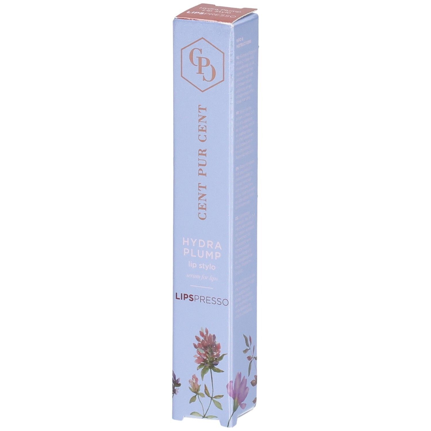 Cent Pur Cent Hydra Plump Lipspresso Lippenstift-Verpackung mit floralem Design.