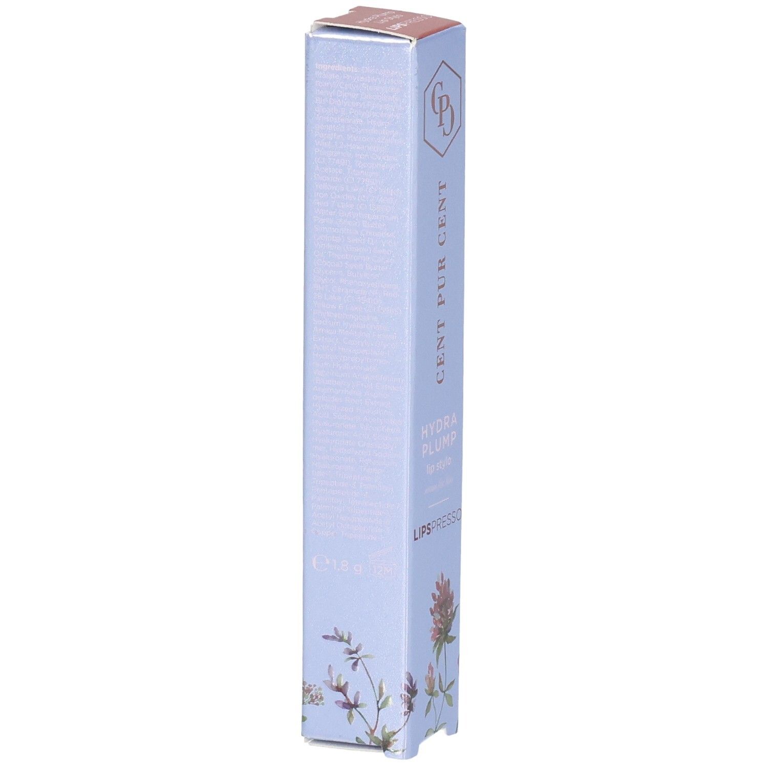 Cent Pur Cent Hydra Plump Lipspresso Lippenstift-Verpackung, Vorderseite mit Produktnamen und floralen Akzenten.