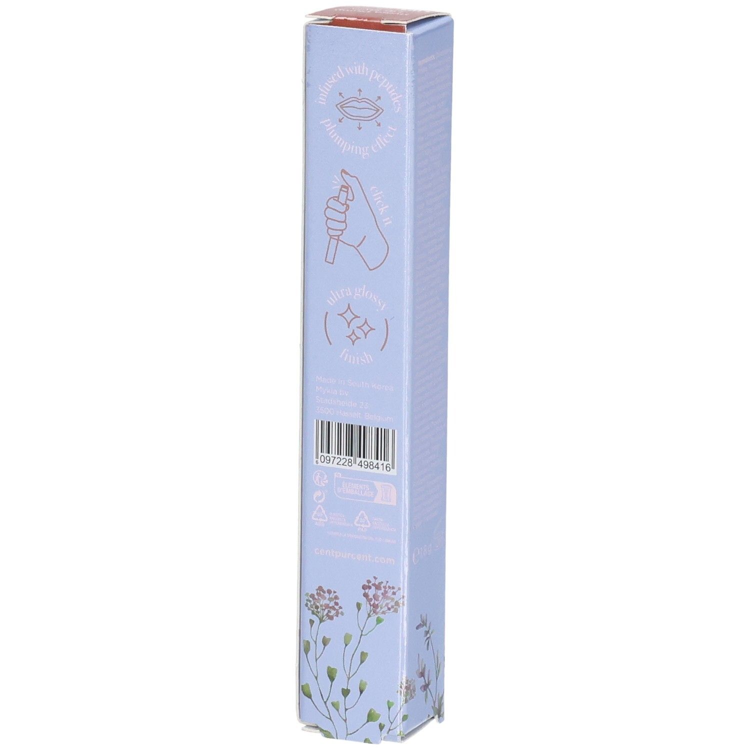 Rückseite der Cent Pur Cent Hydra Plump Lipspresso Verpackung mit Anwendungshinweisen und Barcode.