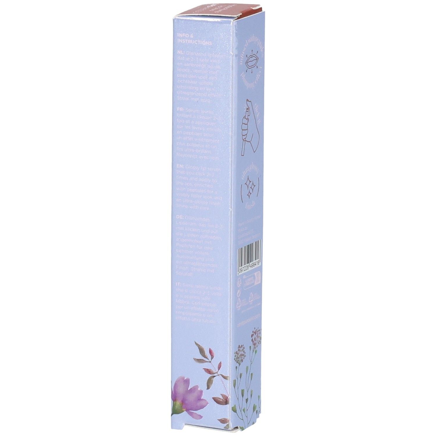 Seite der Cent Pur Cent Hydra Plump Lipspresso Verpackung mit detaillierten Anwendungssymbolen.