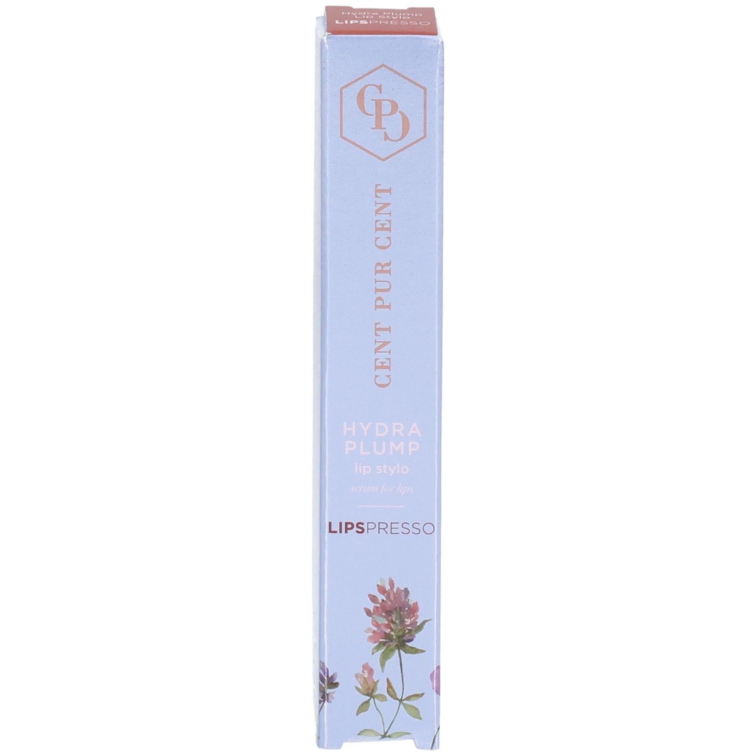 Cent Pur Cent Hydra Plump Lipspresso Lippenstift-Verpackung, Seitenansicht mit floralem Muster.