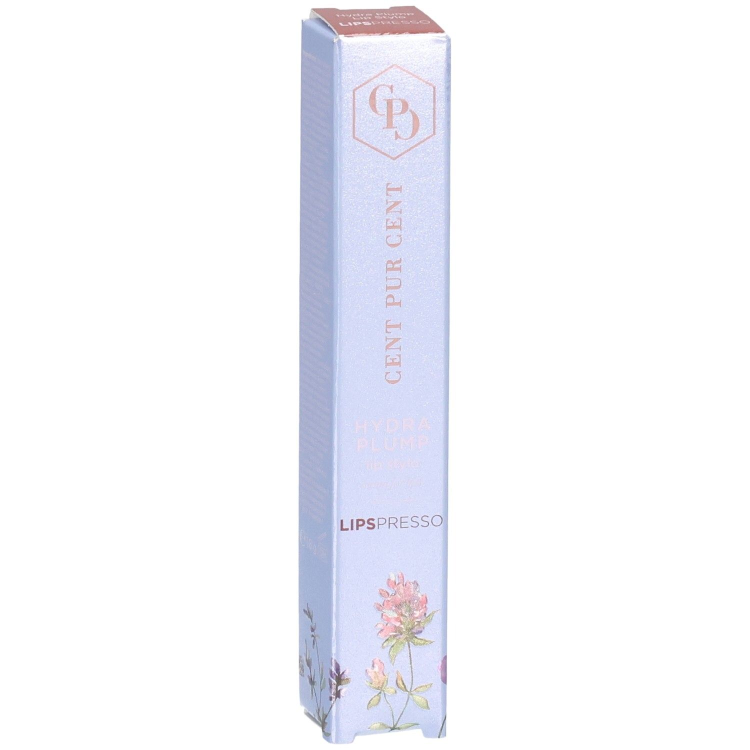 Cent Pur Cent Hydra Plump Lipspresso Lippenstift-Verpackung, Nahaufnahme der floralen Dekoration.