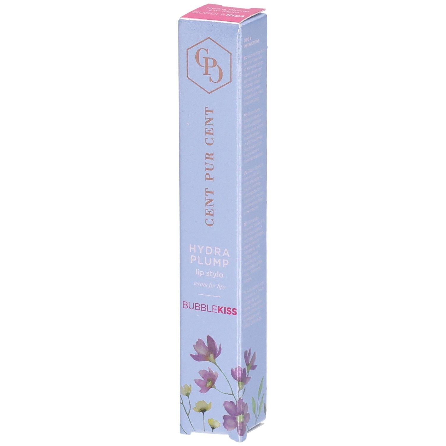 Cent Pur Cent Hydra Plump Lippenstift-Verpackung mit floralem Design und Produktnamen.