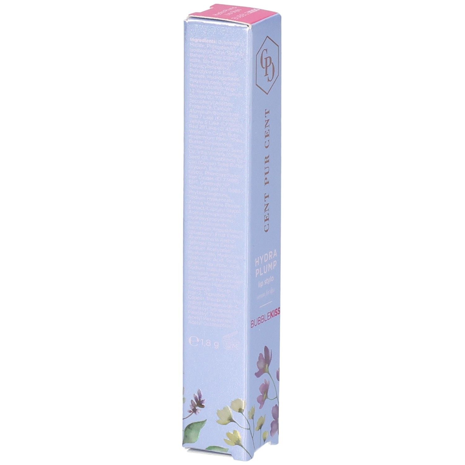 Cent Pur Cent Hydra Plump Lippenstift-Verpackung mit floralem Design und Produktnamen.