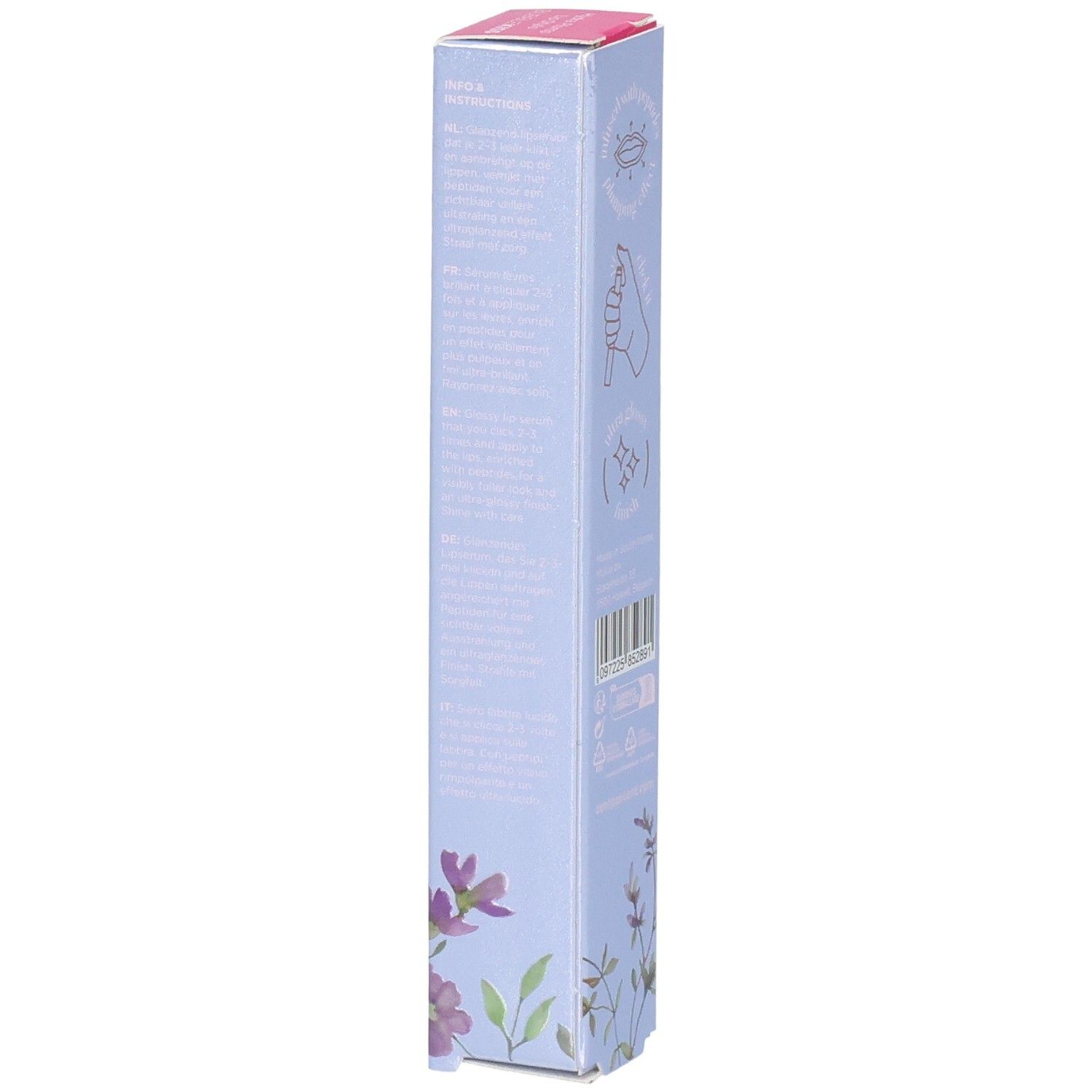 Seite der Cent Pur Cent Hydra Plump Verpackung mit Anwendungshinweisen und Barcode.
