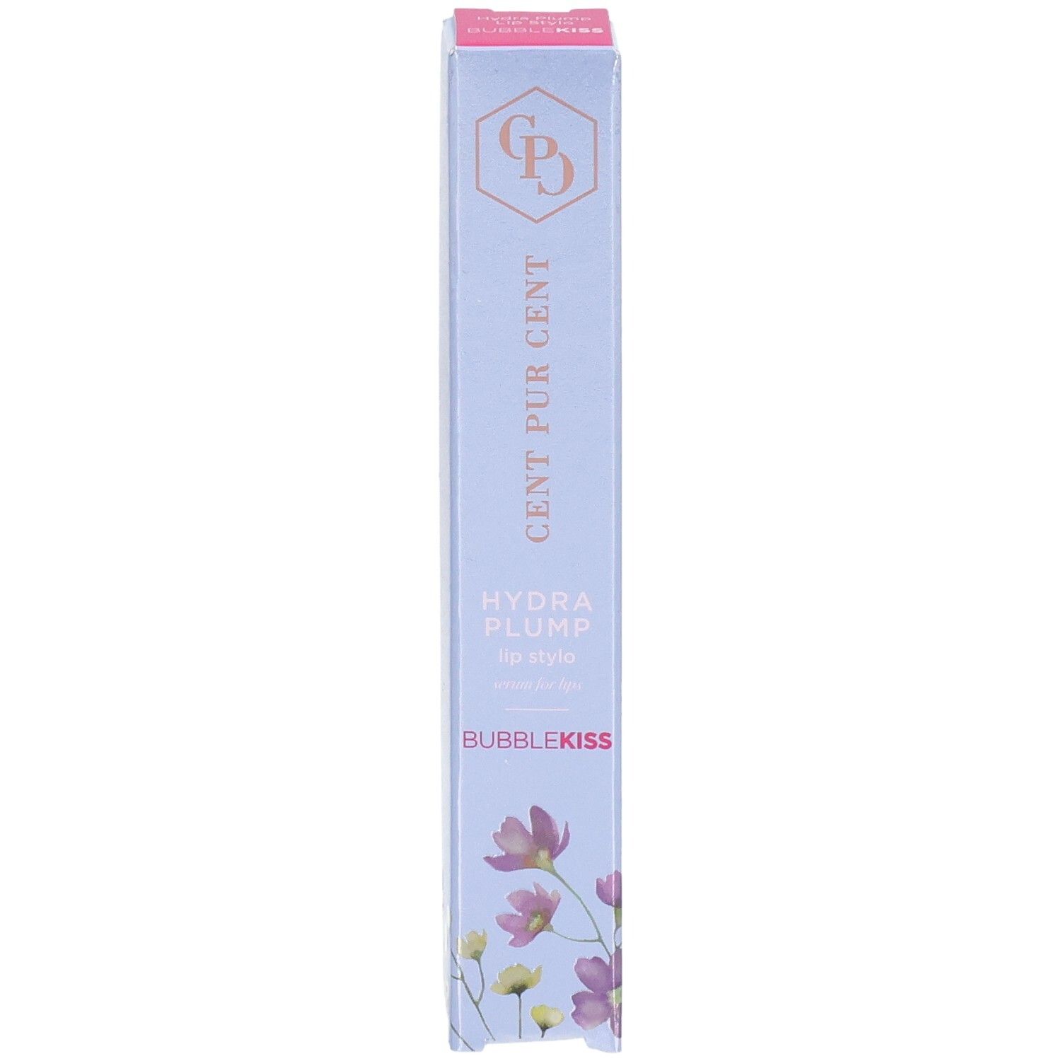 Cent Pur Cent Hydra Plump Lippenstift-Verpackung mit floralem Design und Produktnamen.