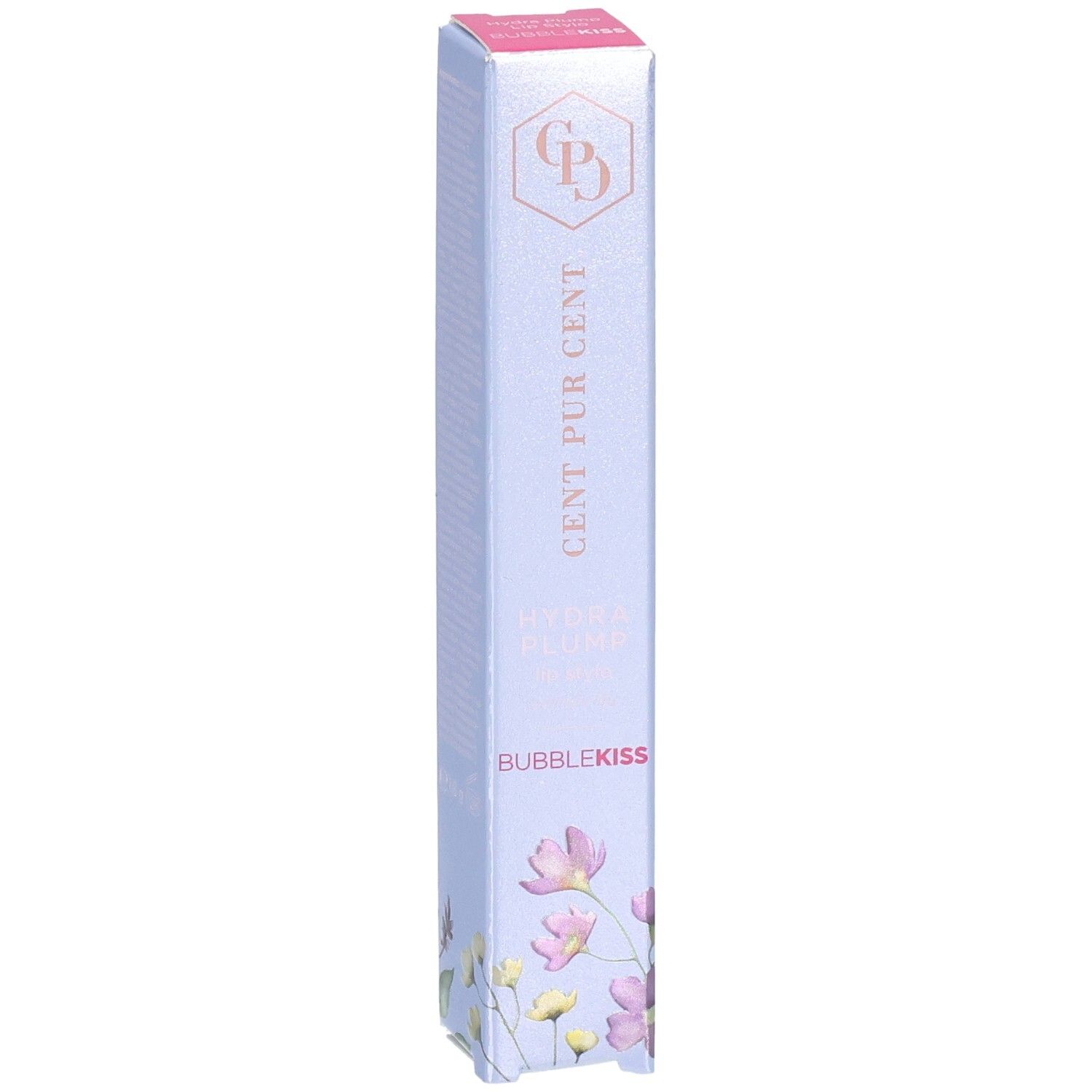 Cent Pur Cent Hydra Plump Lippenstift-Verpackung mit floralem Design und Produktnamen.